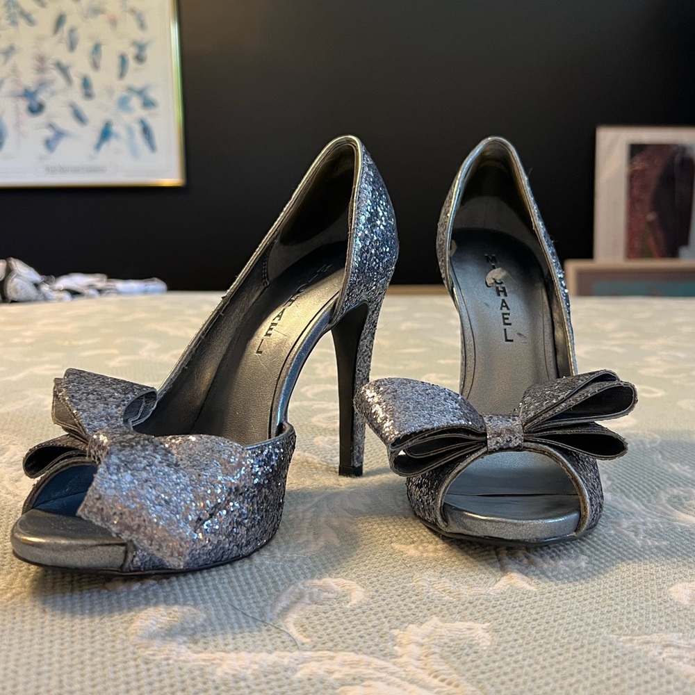 Silver Glitter Peep-Toe Heels with Bow - Women